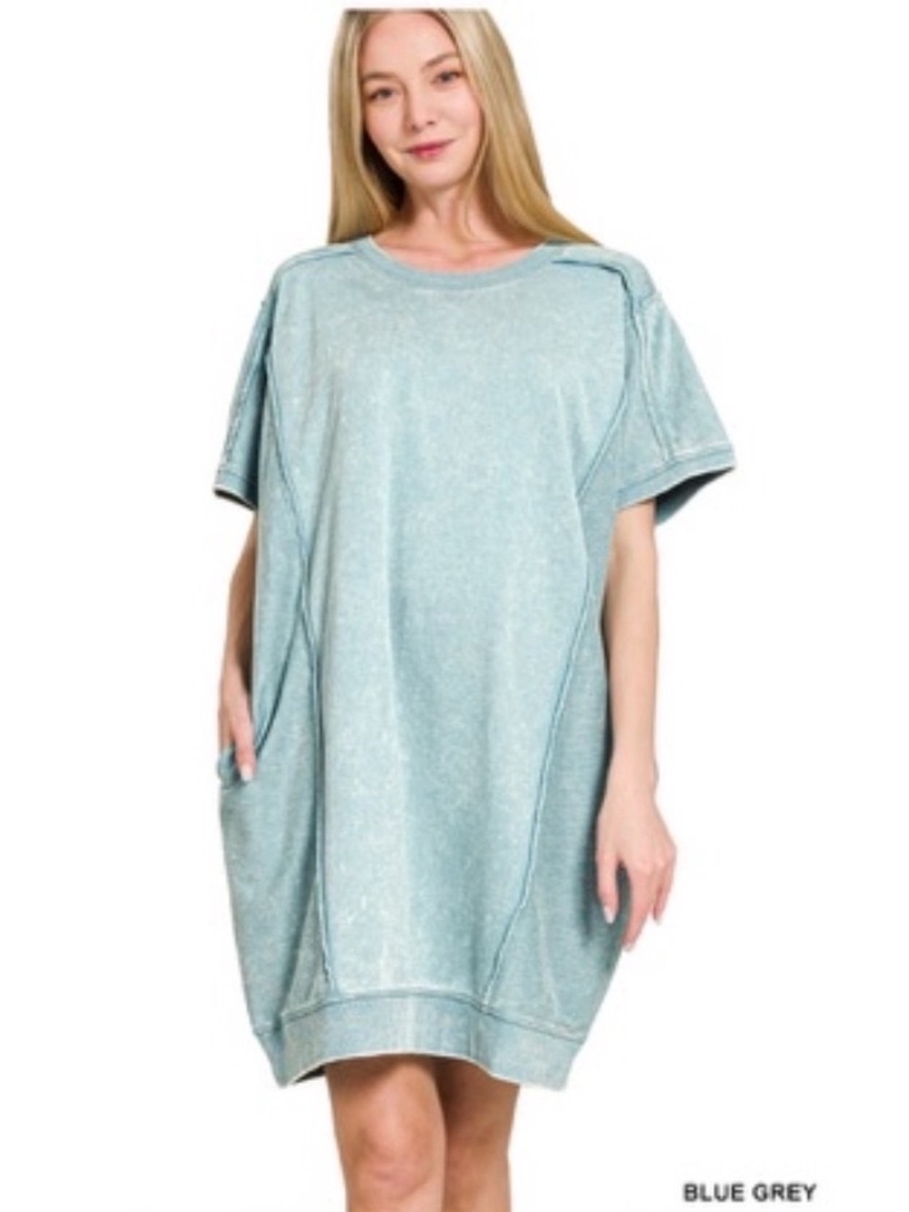 113 French terry ACID WASH SHORT SLEEVE DRESS WITH POCKETS